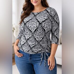 Black & White Paisley Ruched Blouse | Size Large | Stretchy Side Tie Top